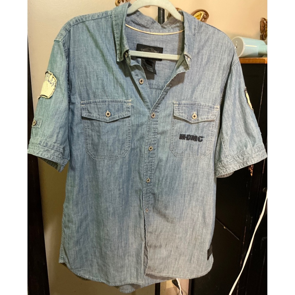 Harley-Davidson Mens Blue Chambray Denim Short Sleeve Button Up Shirt Patches L